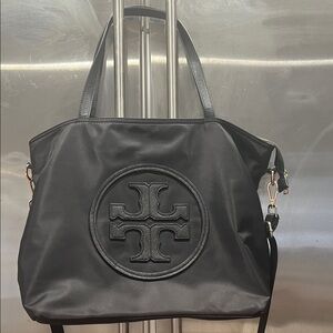 Elegant Black Nylon Tote Bag with Embossed Logo